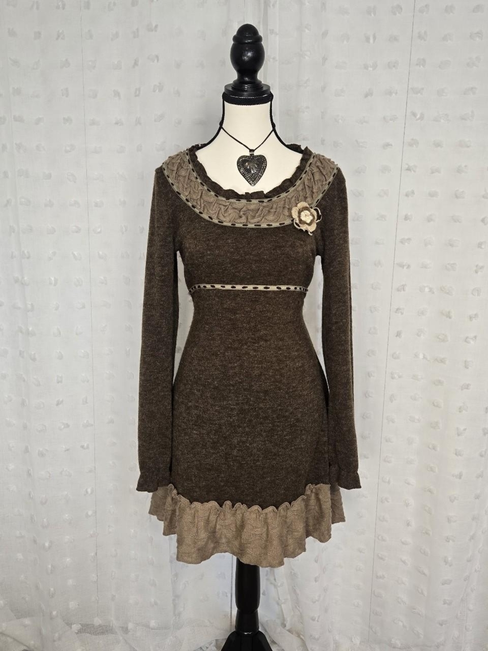 John Fashion Brown Ruffled Knit Dress with Flower Accent
